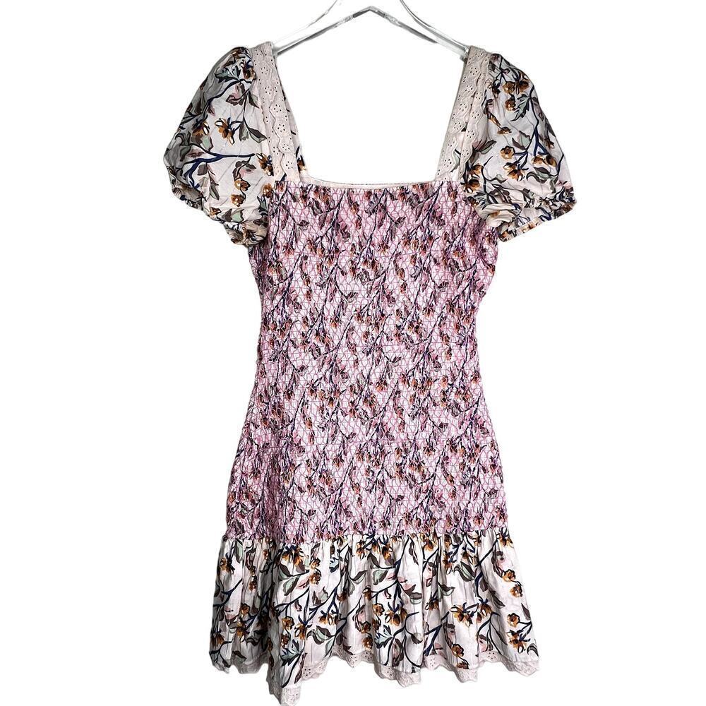 Foxiedox Maribella Mini Dress Smocked Flounce Floral Puff Sleeve Square Neck XS